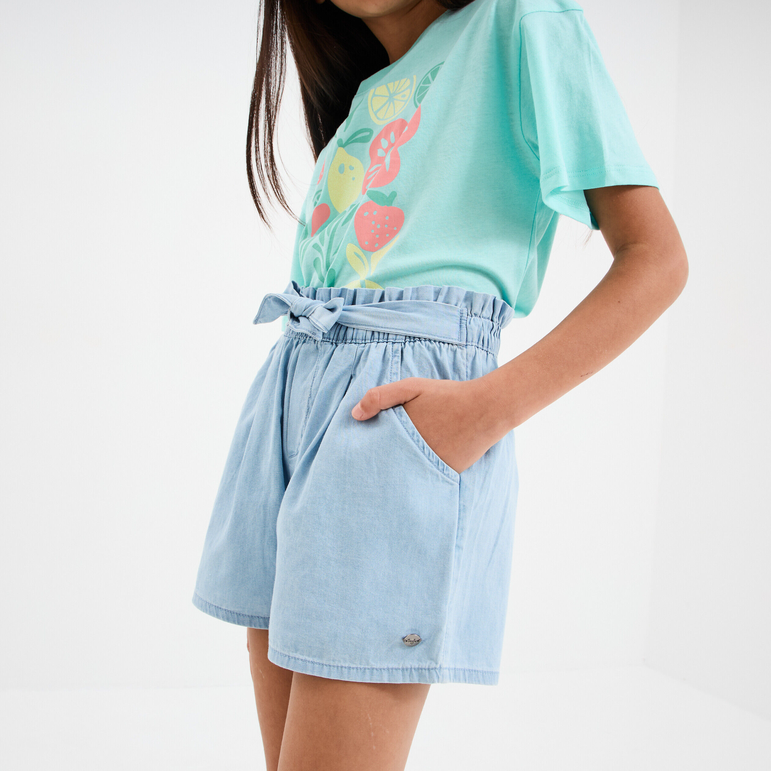 Short en jean avec ceinture noeud taille denim triple stone fille CREEKS