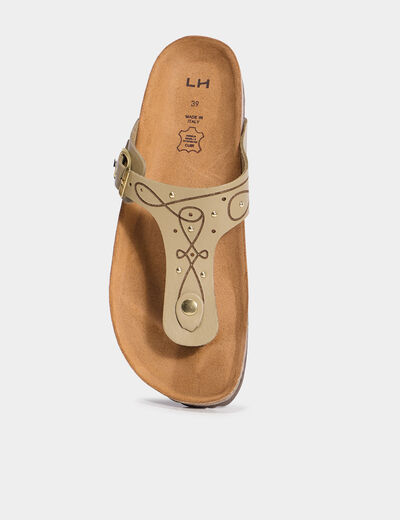 Mules plates perforées en cuir vert kaki femme