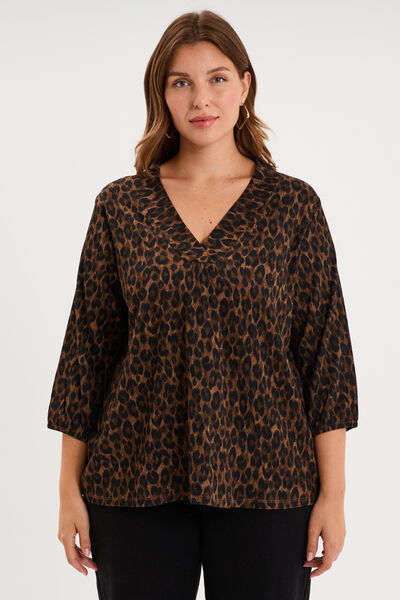 Blouse oversize manches 3/4 et col en V vert kaki femme grande taille