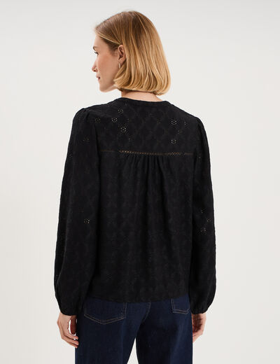 Blouse broderie anglaise manches longues noir femme