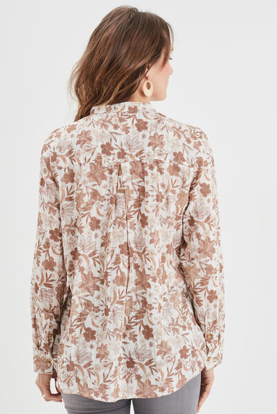 Chemise manches longues col mao creme femme