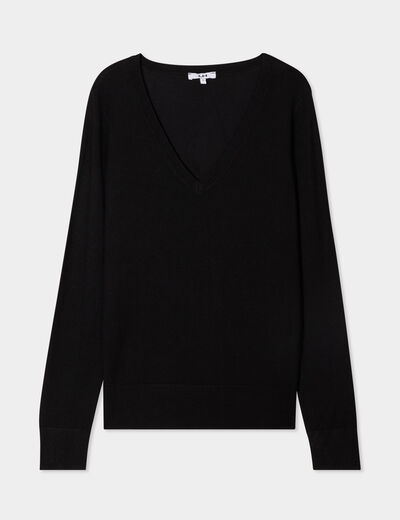 Pull col en V manches longues noir femme