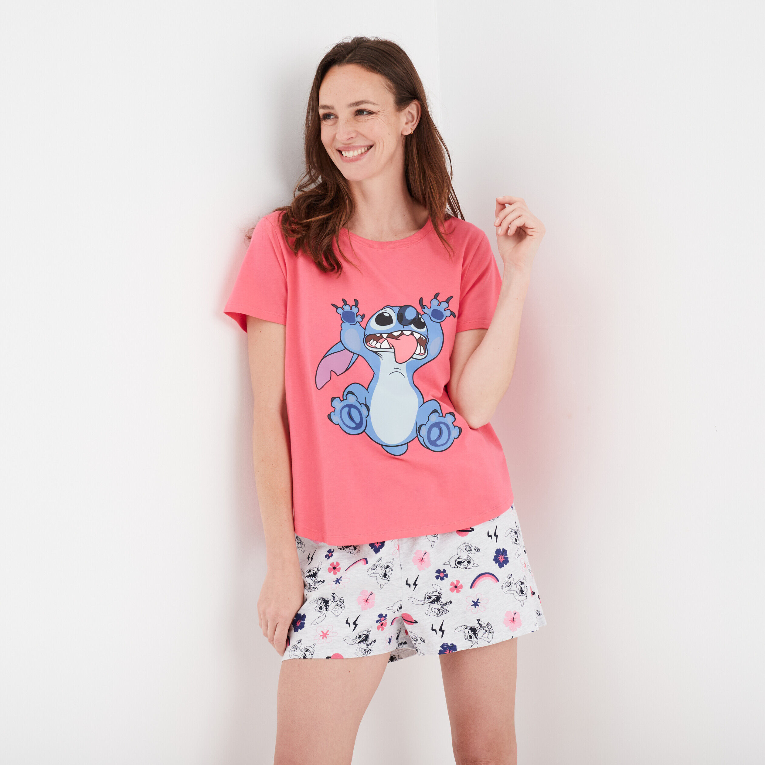 Ensemble pyjama short coton Stitch rose framboise femme