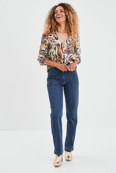 Blouse satin col en V à revers noir femme