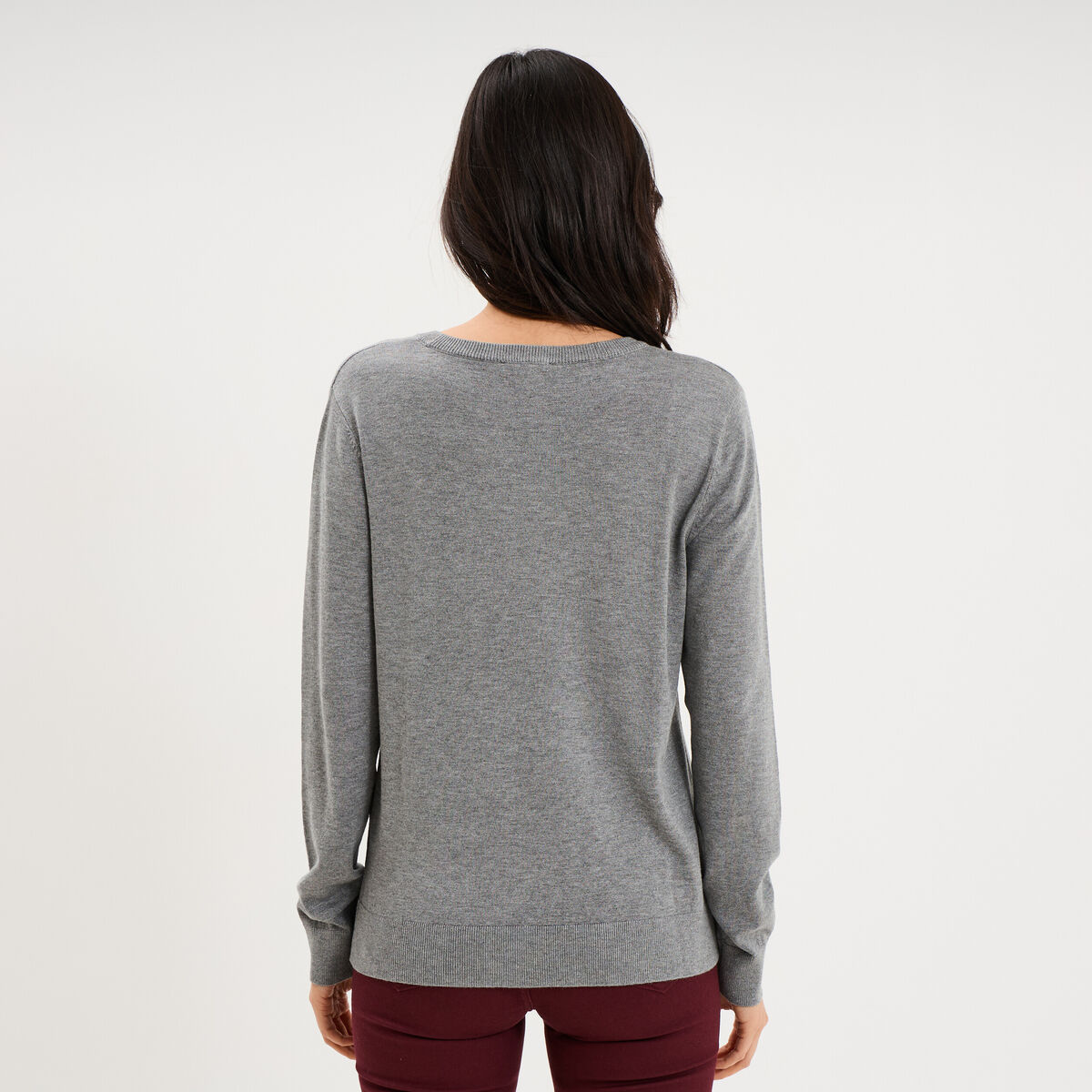 Pull col rond manches longues gris femme