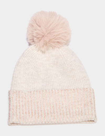 Bonnet &agrave; pompon fausse fourrure sable femme