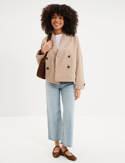 Trench court double boutonnage beige femme