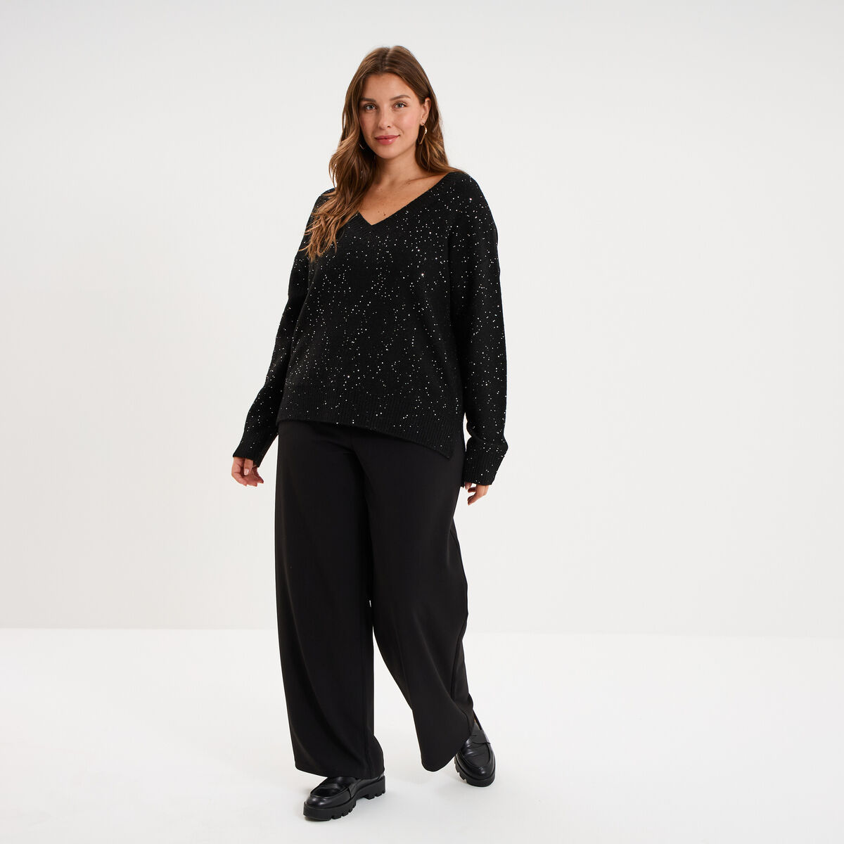 Pantalon effet cr&ecirc;pe long coupe large noir femme grande taille