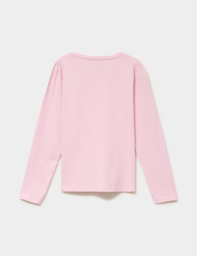 T-shirt coton manches longues &agrave; fronces rose clair fille