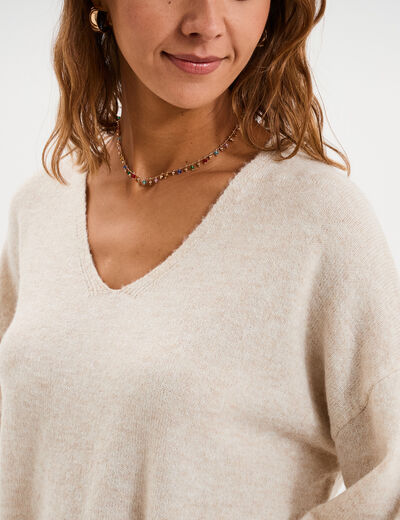 Pull col en V manches longues ecru femme