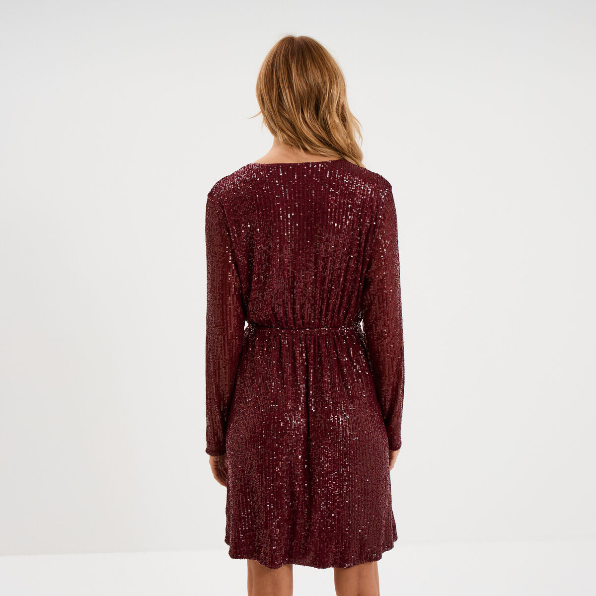 Robe &agrave; sequins manches longues rouge fonc&eacute; femme