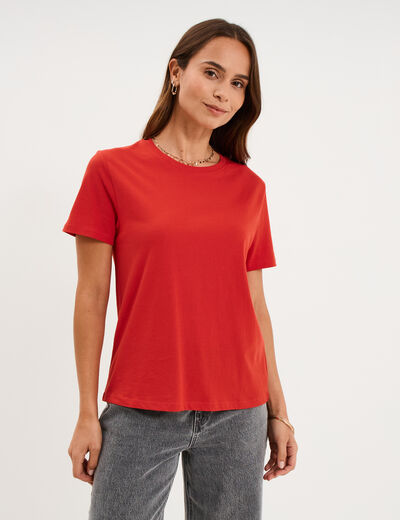 T-shirt col rond manches courtes coton rouge femme