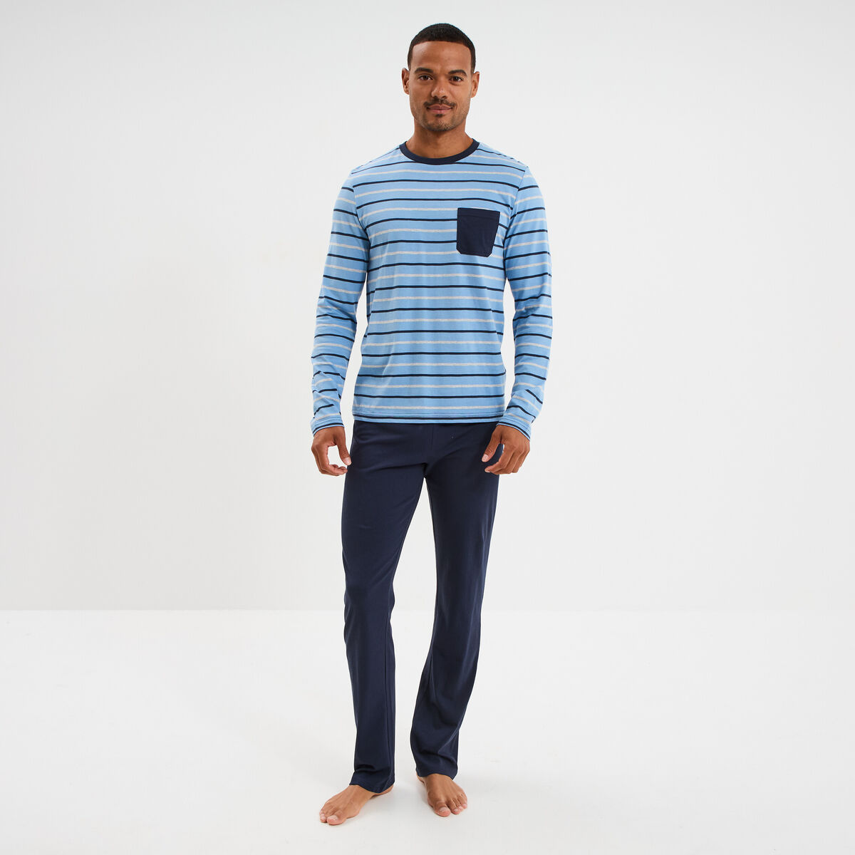 Ensemble pyjama 2 pièces coton bleu marine homme