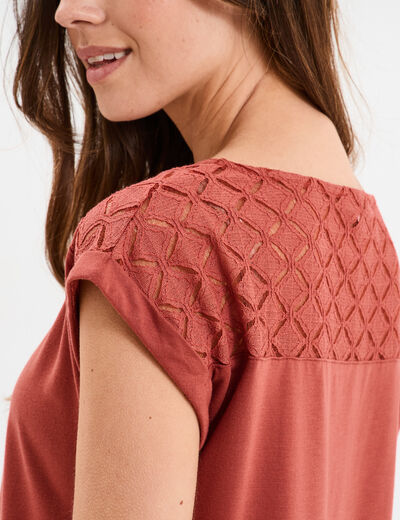 T-shirt col en V dentelle épaules et dos vieux rose femme