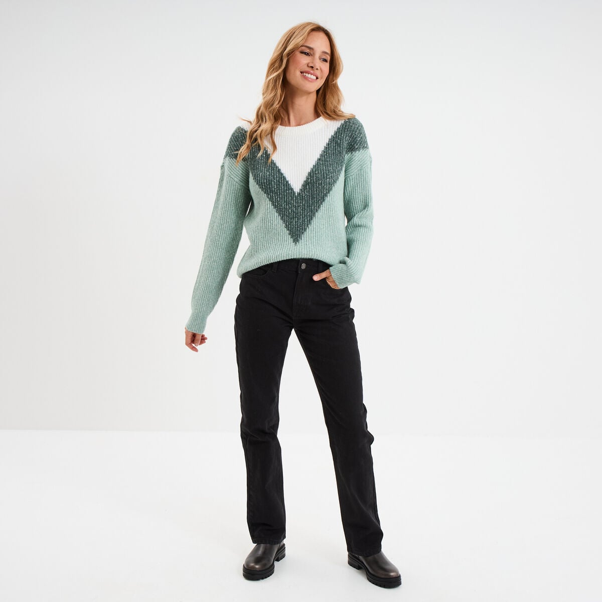 Pull manches longues col rond vert femme