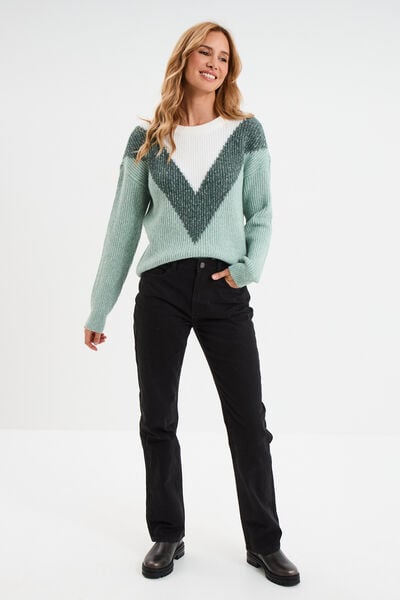 Pull manches longues col rond vert femme