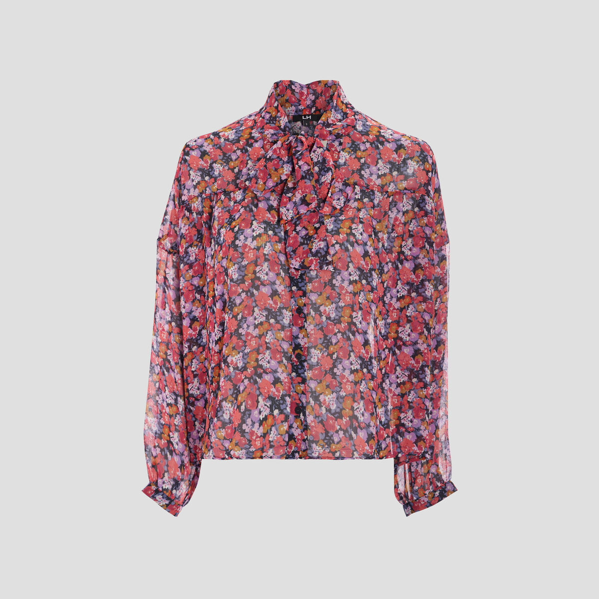 Chemise col lavallière manches longues bleu marine femme
