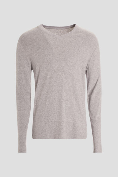 T-shirt manches longues col V gris clair homme