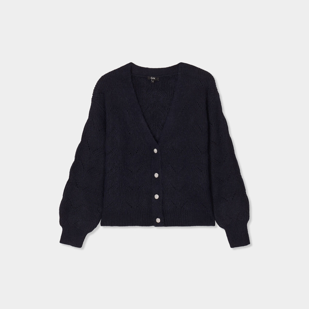 Gilet col en V boutonné manches longues bleu foncé femme