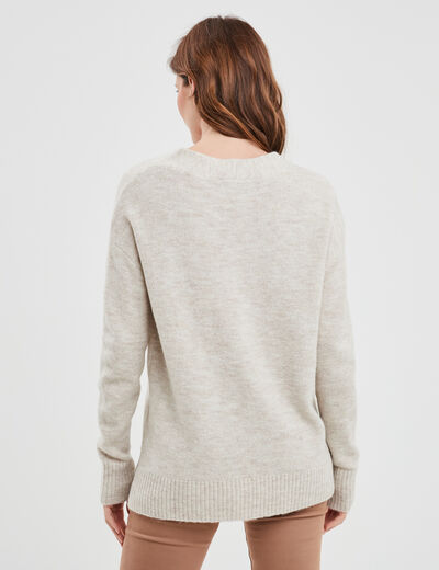 Pull droit ample col V fentes aux côtés ecru femme