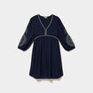 Robe courte brod&eacute;e manches 3/4 bleu fonc&eacute; femme