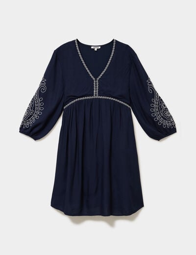 Robe courte brod&eacute;e manches 3/4 bleu fonc&eacute; femme