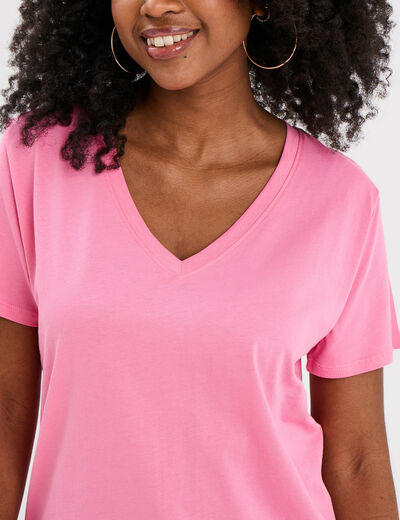 T-shirt manches courtes col en V coton rose femme