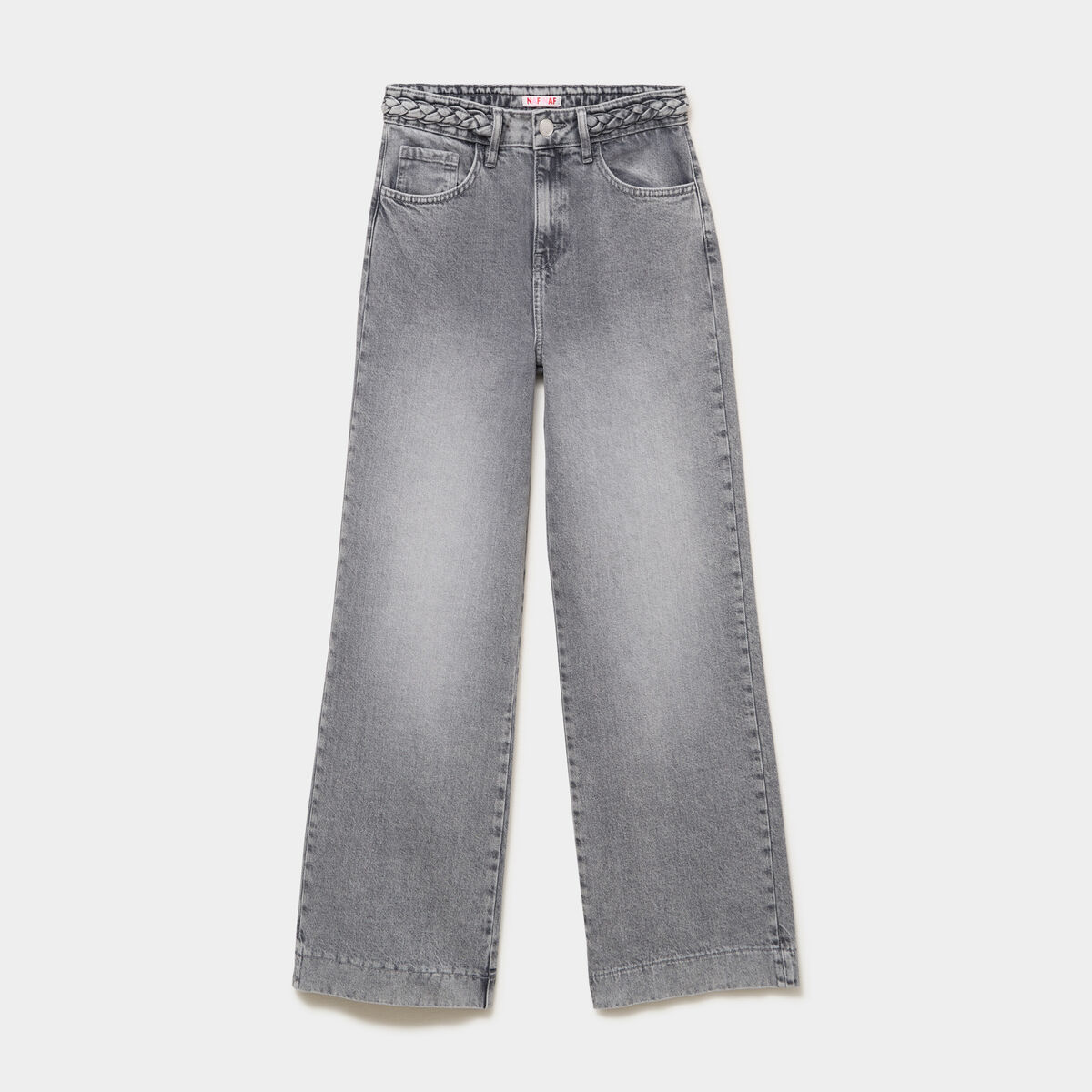 Jean large taille haute ceinture tress&eacute;e denim gris femme