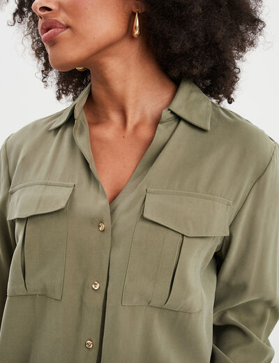 Chemise manches longues 2 poches vert kaki femme