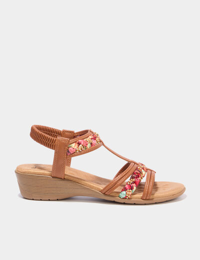 Sandales compens&eacute;es 5 cm d&eacute;tails bijoux marron femme