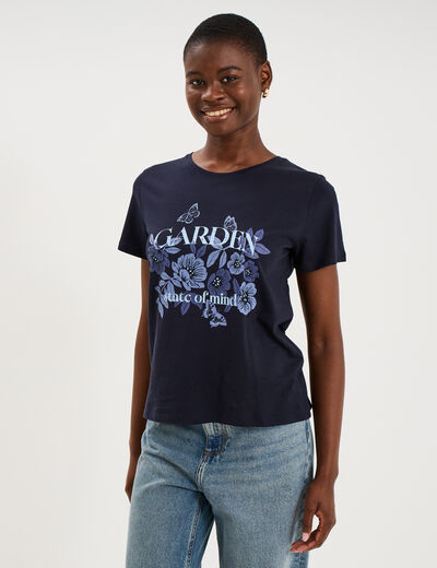 T-shirt ajust&eacute; manches courtes coton bleu marine femme
