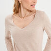 T-shirt col en V manches longues coton beige femme