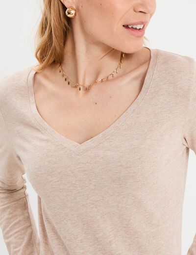 T-shirt col en V manches longues coton beige femme
