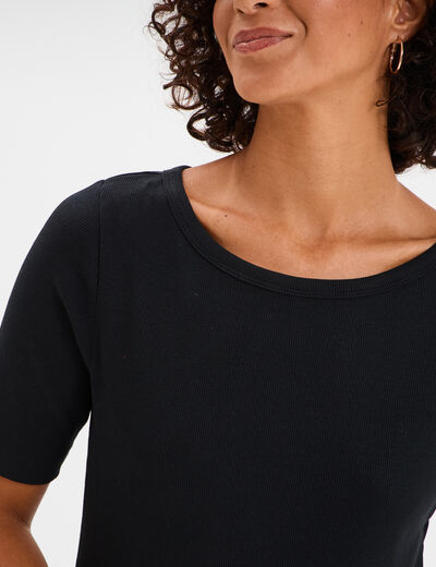 T-shirt col rond manches courtes coton noir femme