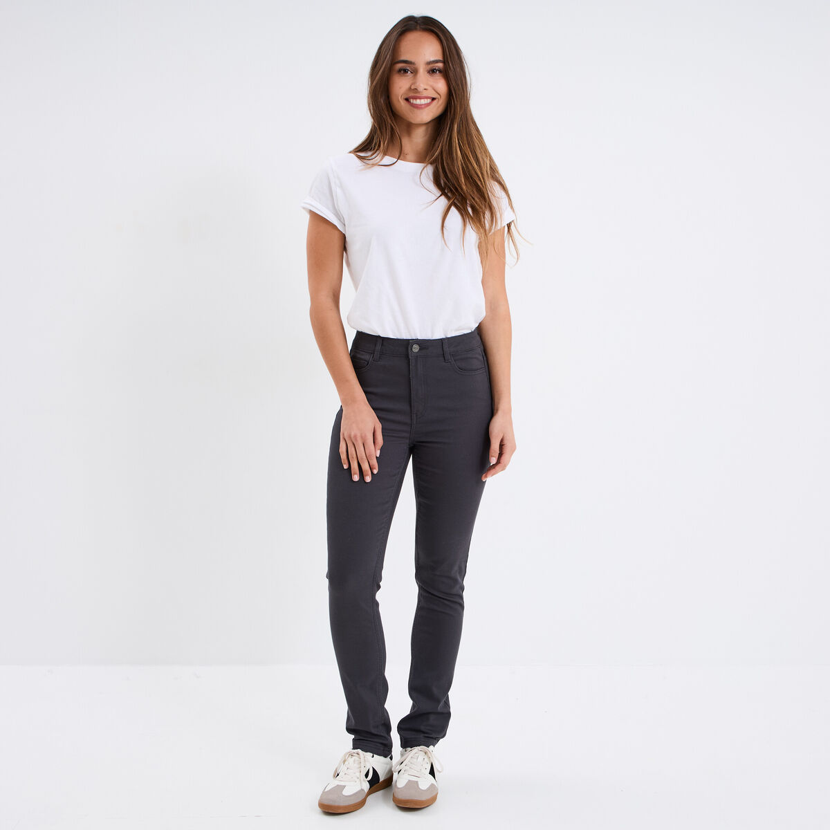 Pantalon slim en coton elasthanne gris foncé femme