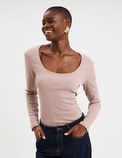 T-shirt coton stretch manches longues marron clair femme