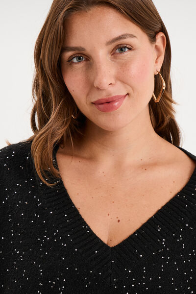 Pull droit sequins col V manches longues noir femme grande taille