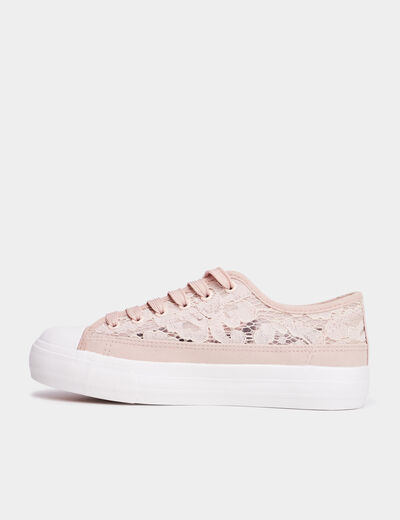 Tennis en toile dentelle &agrave; lacets rose femme