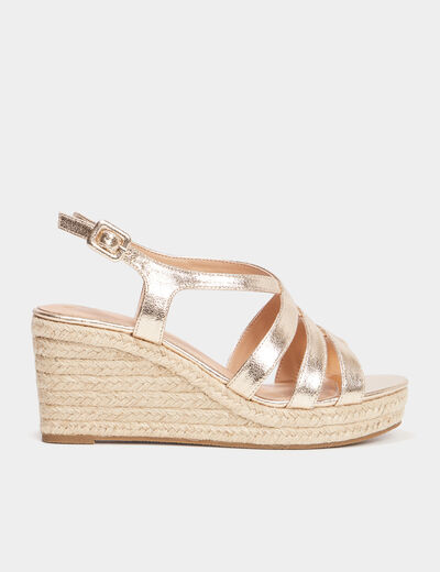 Sandales compens&eacute;es brides crois&eacute;es jaune or femme