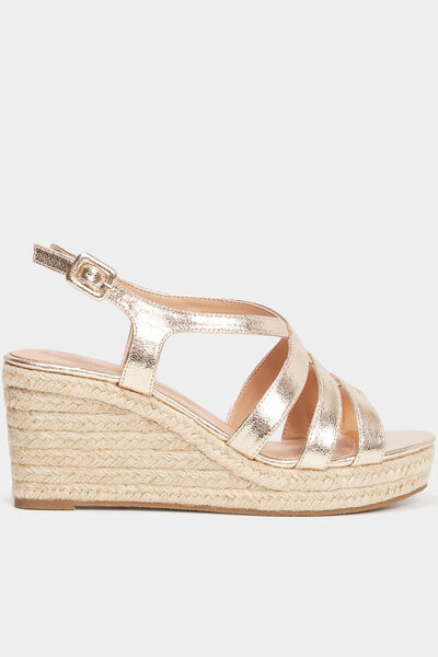 Sandales compens&eacute;es brides crois&eacute;es jaune or femme