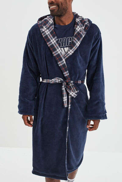 Peignoir doublé à capuche et ceinture bleu marine homme