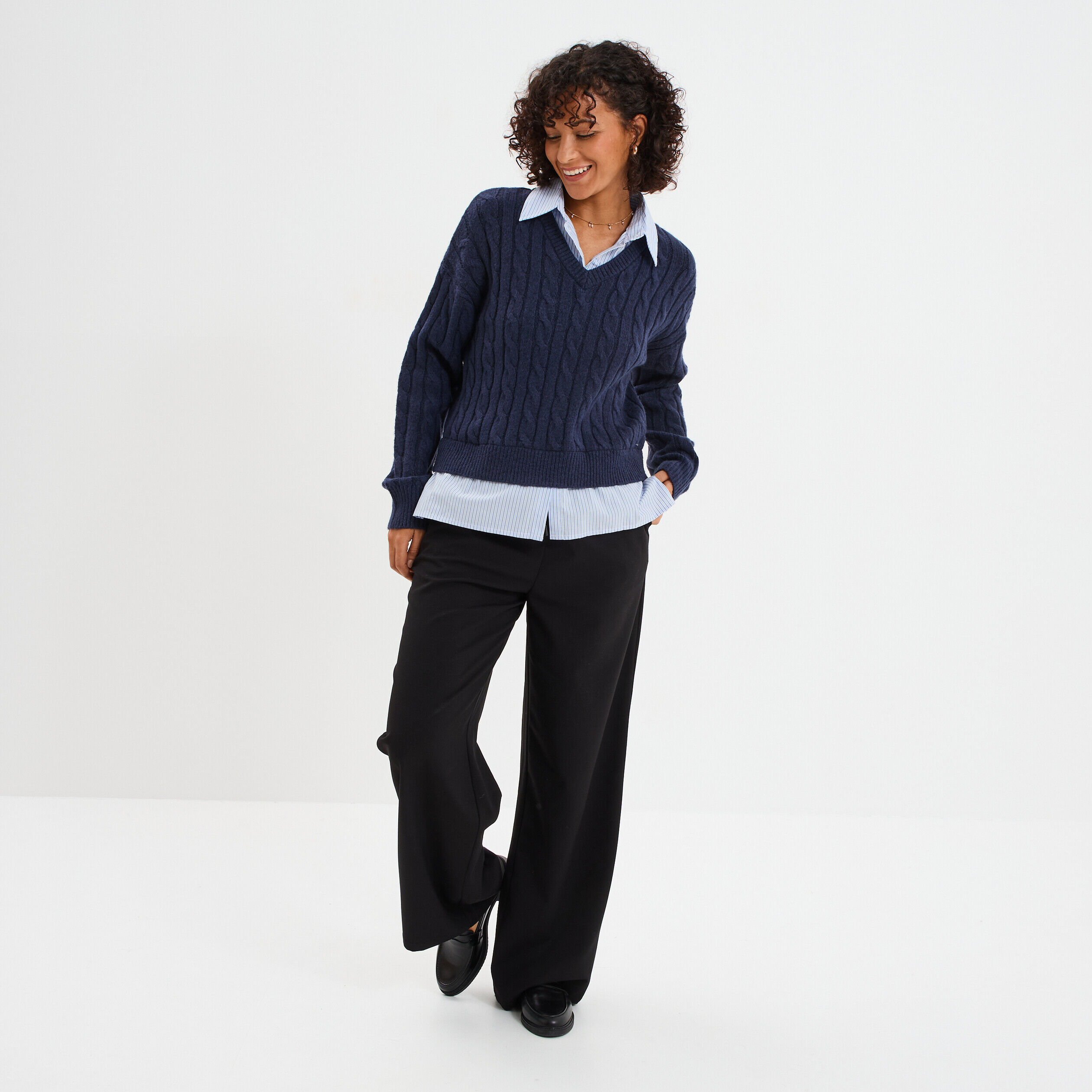 Pull torsades effet 2-en-1 chemise bleu marine femme CREEKS