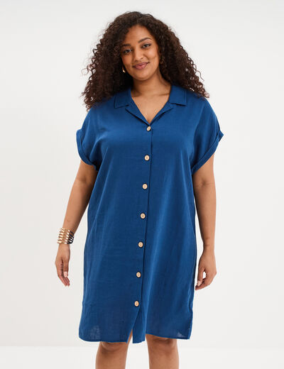 Robe chemise courte lin m&eacute;lang&eacute; bleu marine femme grande taille