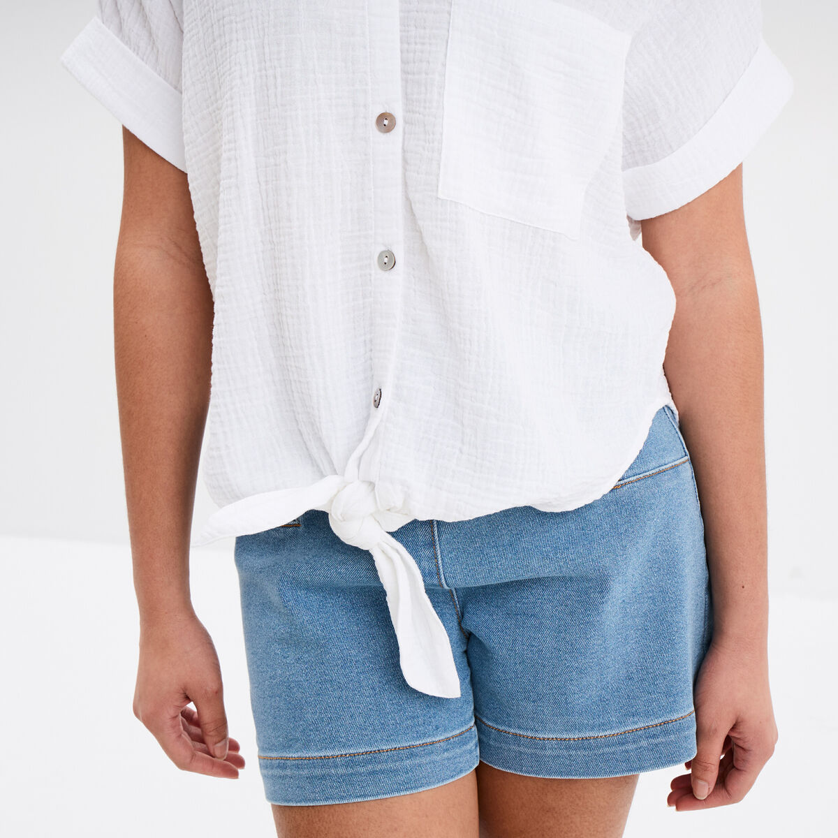 Chemise nouée manches courtes gaze coton blanc femme
