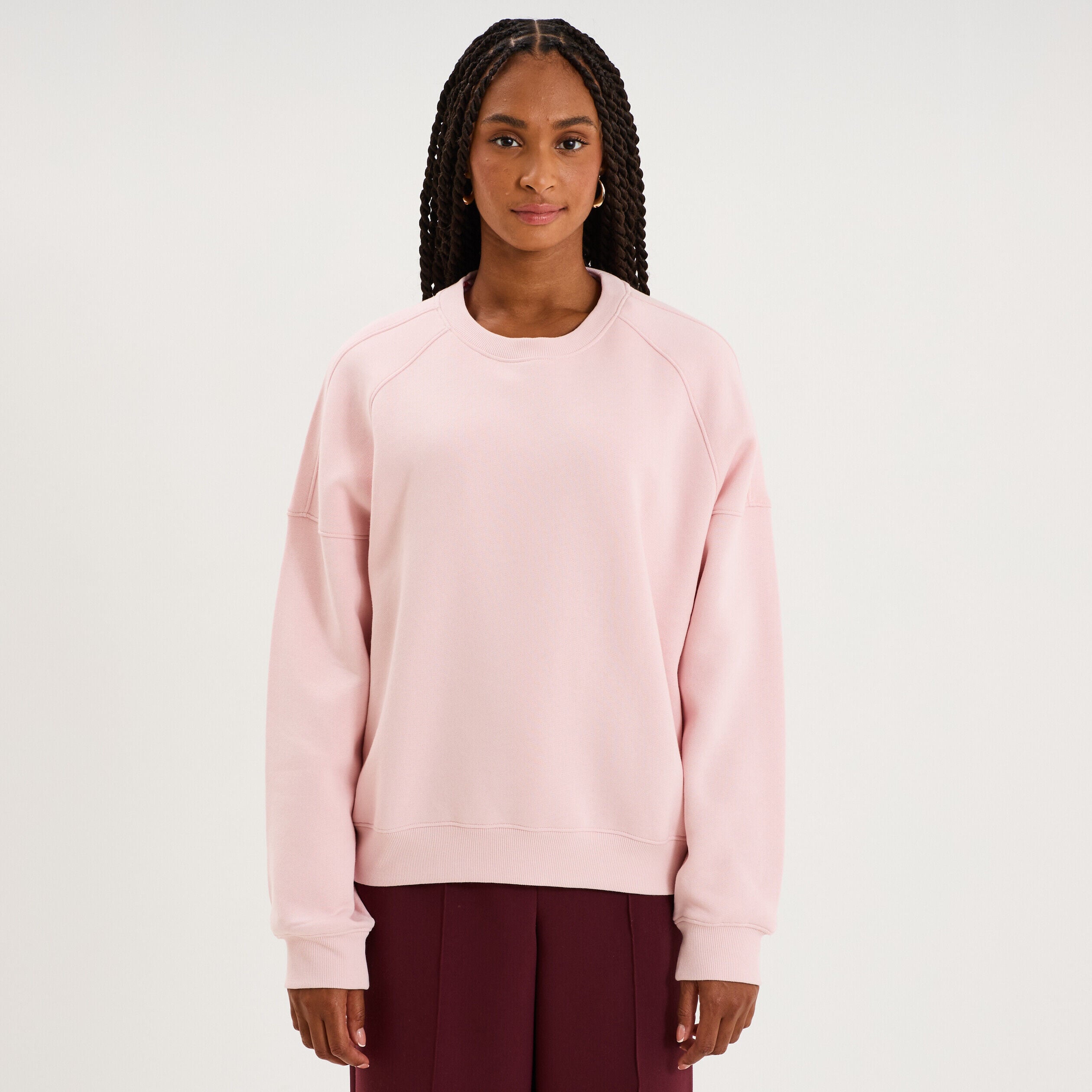 Sweat col rond oversize manches longues rose pastel femme