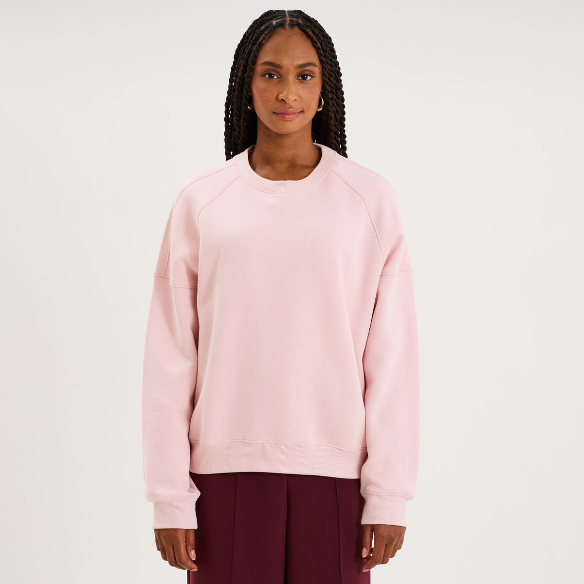 Sweat col rond oversize manches longues rose pastel femme