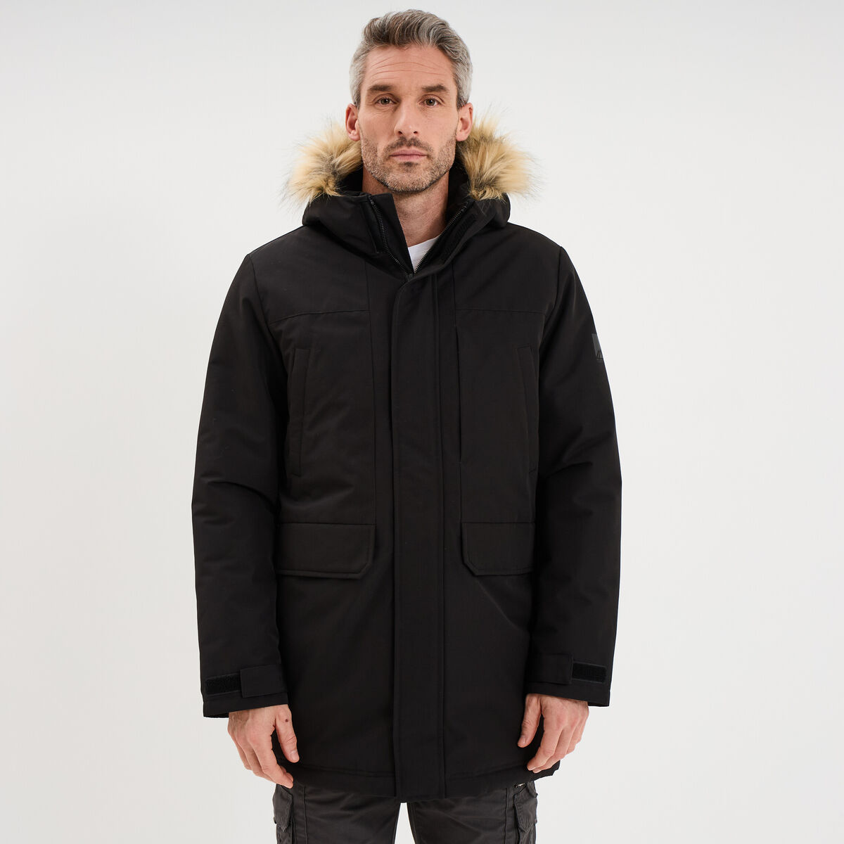 Parka &agrave; capuche fausse fourrure noir homme