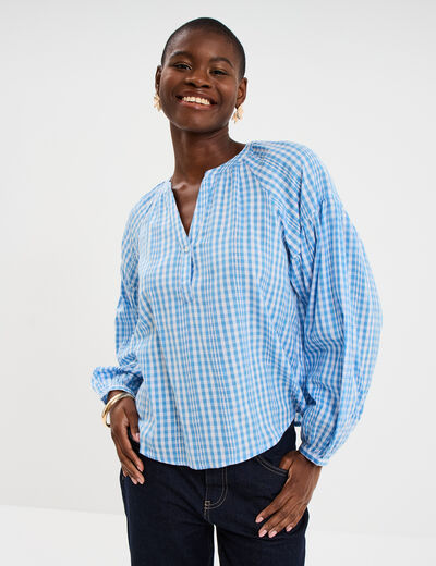 Blouse oversize col tunisien coton bleu clair femme