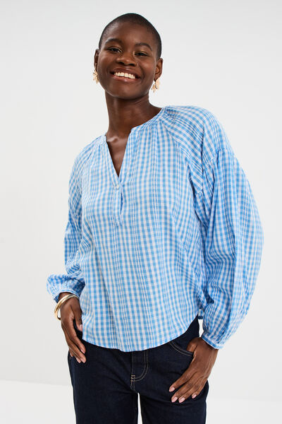 Blouse oversize col tunisien coton bleu clair femme