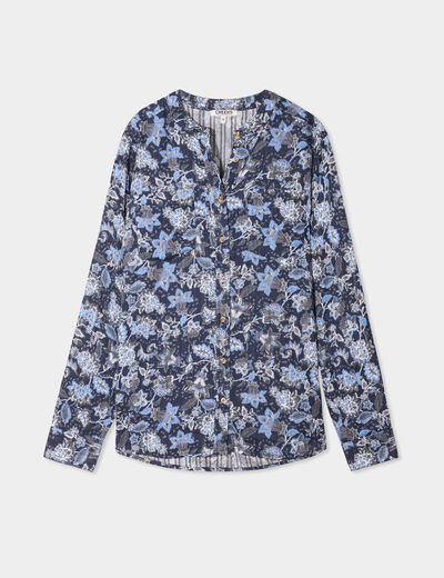 Chemise manches longues col mao bleu marine femme
